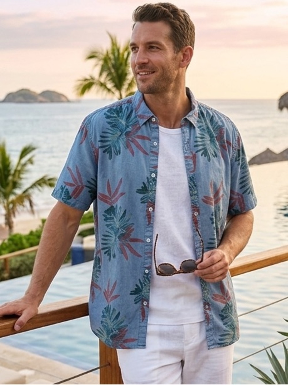 Denim & Flower Men's XL Tropical Floral Button Down Shirt - Blue/Red Slim Fit